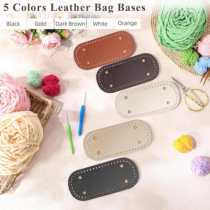 SilTriangle 5 Pcs Purse Bottoms for Crochet Bags with 2 Pcs Hook, Crochet Purse Kit Basket Base Leather Bag Bottoms for DIY Bags Making Supplies Kit Knitting(Classic Color)