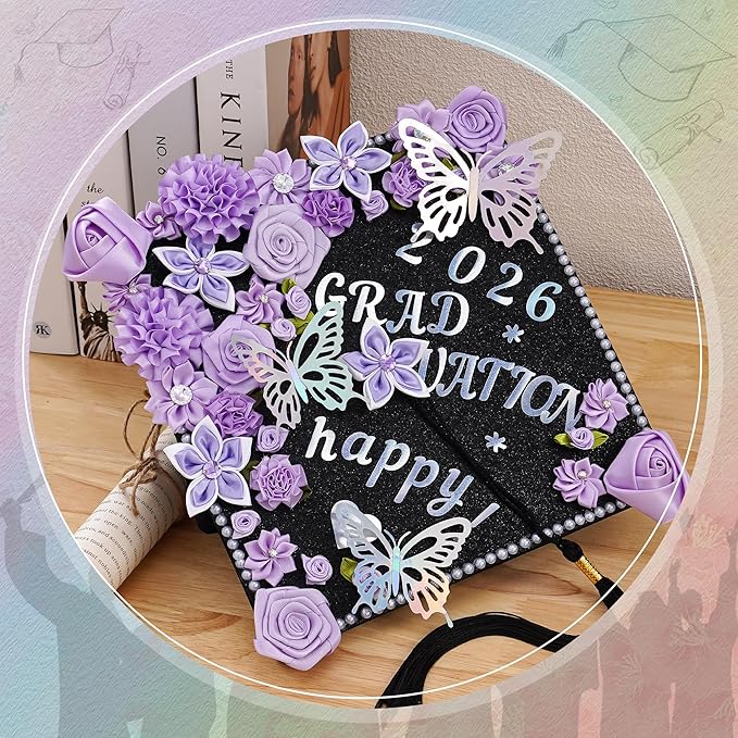 VISSTREE Graduation Cap Decorations Kit, 56 Pcs 2026 DIY Cap Decoration with Purple Artificial Flower Rhinestones Letter Stickers 3D Glitter Butterfly for Graduation Dress Grad Hats Topper