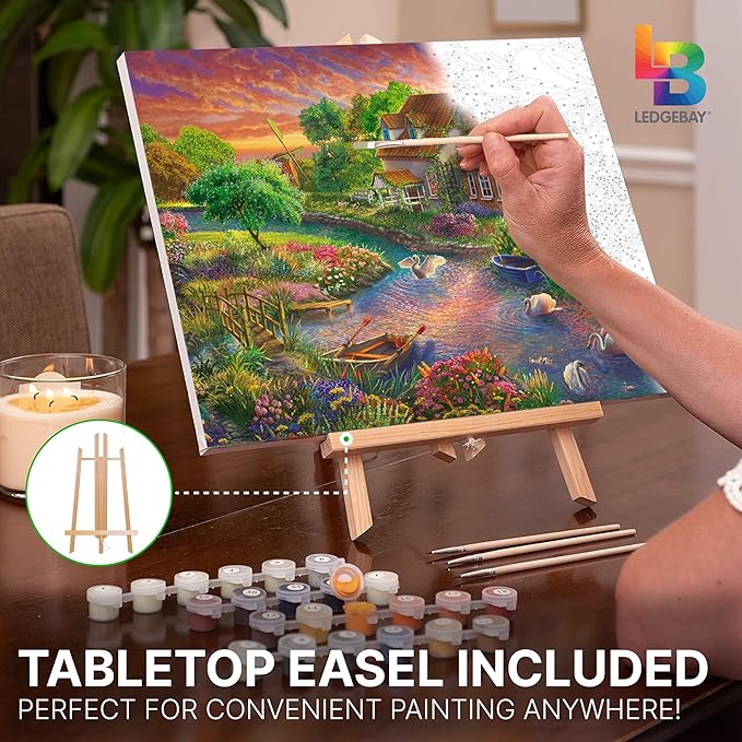 Ledgebay DIY Paint by Numbers Kit for Adults - Framed Canvas Beginner to Advanced Kit Includes Acrylic Paint Set, Brushes, Tabletop Easel (Sunset Swans 12"x16" Framed)