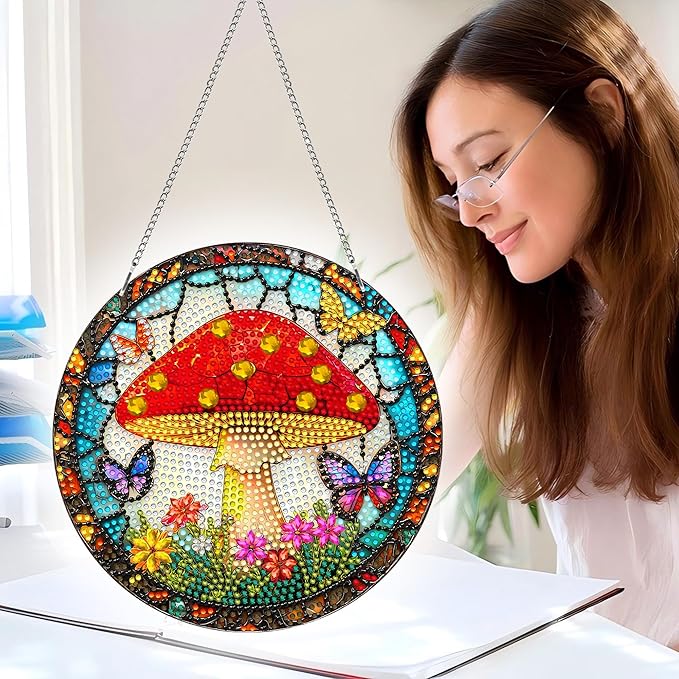 Pavemlo Hanging Diamond Art Kits for Adults Mushroom – 8x8 Inch Double-Sided Acrylic Board DIY Crystal Diamond Suncatcher Pendant, Sparkling Home Wall or Window Decoration Handmade Gift