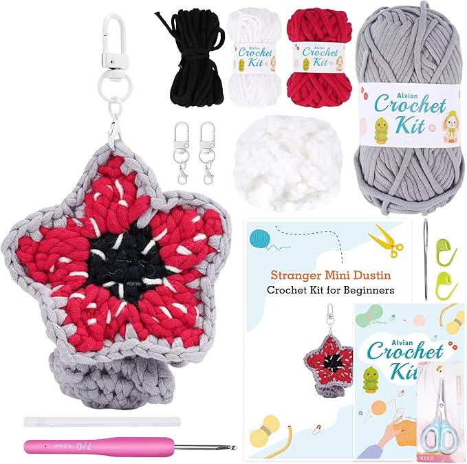 Alvian Mini Monster Crochet Beginner Kit - Amigurumi Demogorgon Keychain Craft Set Complete with Yarn, Tools & Step-by-Step Video Tutorial
