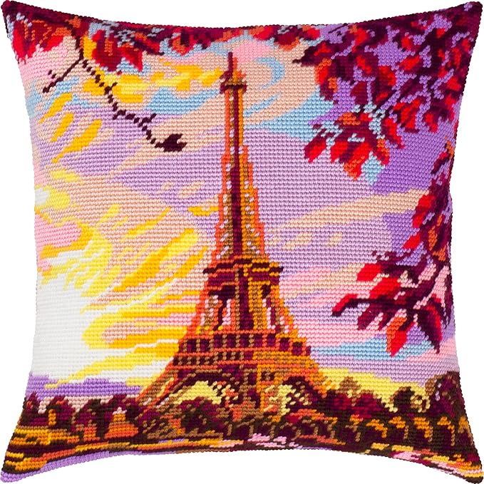 Brvsk Landmark Embroidery Kit for Adults and Beginners — Paris Morning Light 16″ × 16″ with Clear, Precise Printed Design on Cotton Canvas; Includes 2 Needles, Yarn, and Easy-Read Chart