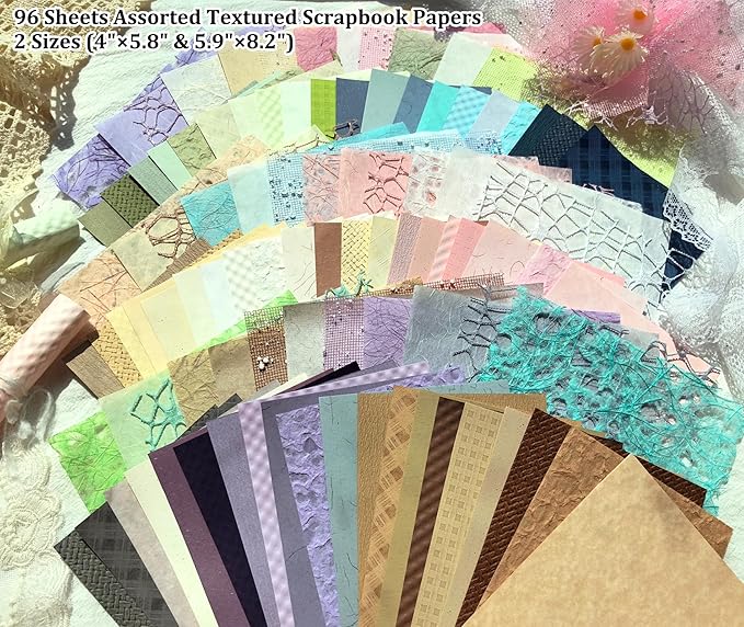 Flartmo Scrapbook Supplies Kit with 246 Sheets Textured & Floral Scrapbook Paper, 50 Pcs Flower Scrapbook Sticker & 3 Rolls Double-Sided Tape for Scrapbooking, Junk Journal, Card Making, Embellishment