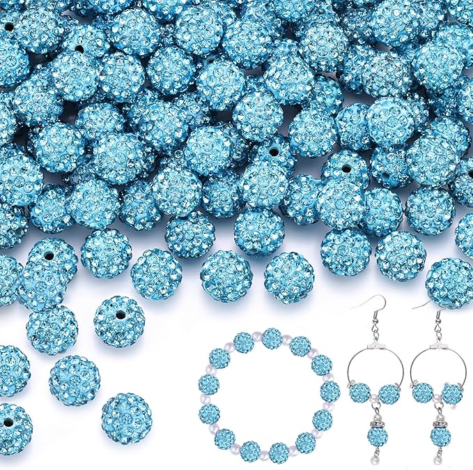 200pcs 10mm Aquamarine Rhinestone Beads for Jewelry Making, Shiny Round Shamballa Disco Ball Beads Bulk, Sparkle Crystal Clay Christmas for Bracelet Baseball Necklace Earring Crafting and DIY