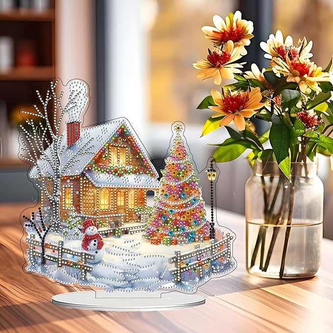JJFox DIY 5D Tabletop Diamond Art Painting Kit， Desktop Ornament Special Shaped Rhinestone Desk Placement Ornament，Home Stand Up Gem Painting Craft Kit，Gift (Christmas House-2)