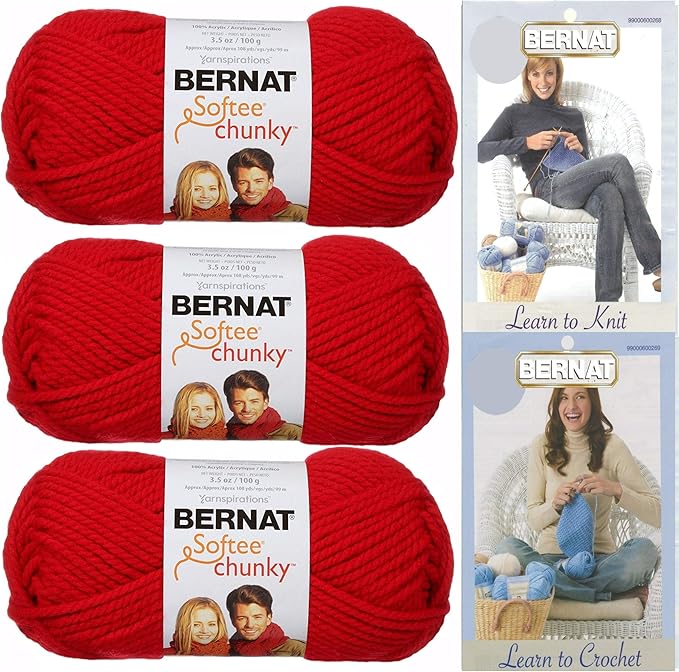 Bernat Softee Chunky Yarn Bundle Super Bulky No. 6, 3 Skeins Berry Red 28705