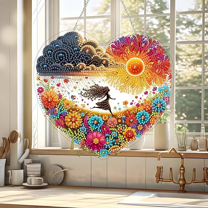 5D Diamond Art Hanging Kit for Adult,Special Shaped Rhinestone,Double Sided DIY Acrylic Diamond Art Painting Window Pendants Home Garden Wall Hanging Kits Hanging Ornament (Run to The Sun)