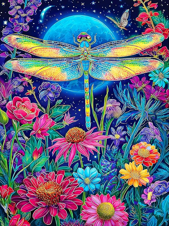 igoodom Diamond Art Kits for Adults, Flowers Dragonflies Diamond Painting Kit, Full Drill Round Diamond Art Kits, DIY Gem Art and Crafts for Home Wall Decor Gift 12x16inch