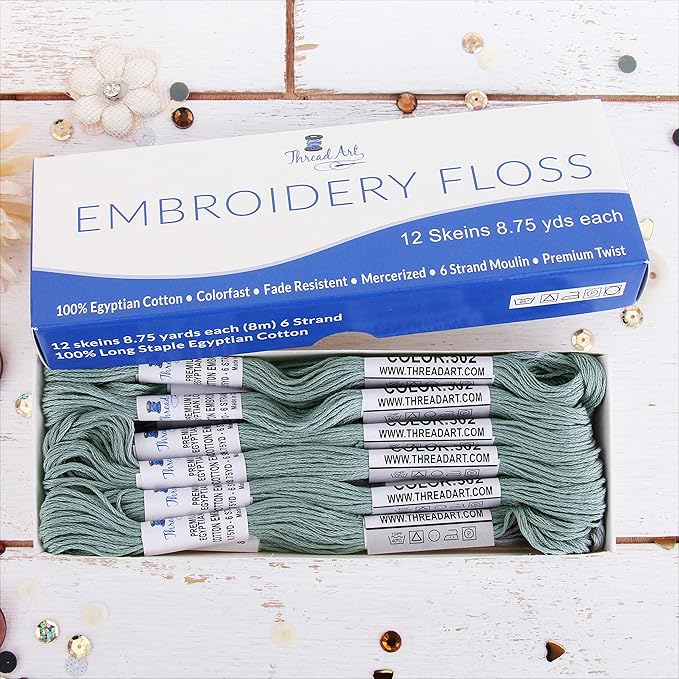 12 Skeins ThreadArt Premium Egyptian Long Fiber Cotton Embroidery Floss | Antique Grey | 6 Strand Divisible Thread 8.75yds Each for Hand Embroidery, Friendship Bracelets, Cross Stitch and Crafts