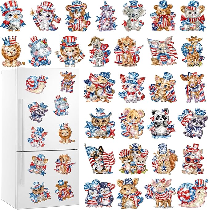 Xuhal 30 Pcs 4th of July Diamond Painting Magnets Patriotic Diamond Art Magnet Kits for Adults Memorial Day Red White Blue Animal 5D Rhinestone Refrigerator Magnetic Sticker for Fridge DIY Craft Gifts