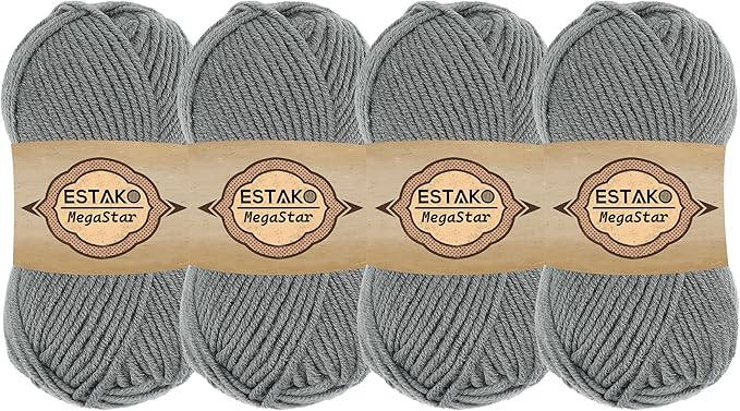 Estako Megastar, (4 Skeins Pack) 75% Acrylic 25% Wool Yarn, Soft, Chunky Bulky Weight #5 for Crochet and Knitting (4 x 3.52 Oz) / (4 x 120 Yrds) (60974 - Light Grey)