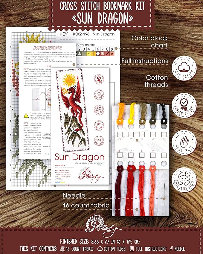 Povitrulya Counted Cross Stitch Kit 'Sun Dragon' - DIY Embroidery Book Marker Set for Adults with Paper Pattern, 16 Count Aida Canvas and Presorted Floss