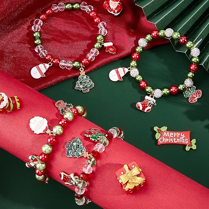SUNNYCLUE 1 Box 226Pcs 6Sets Christmas Enamel Charms Christmas Tree Bracelet Making Kit Reindeer Socks Candy Cane Santa Claus Glass Beads Snowman Charms for Jewelry Making Kits Adult Xmas Gifts
