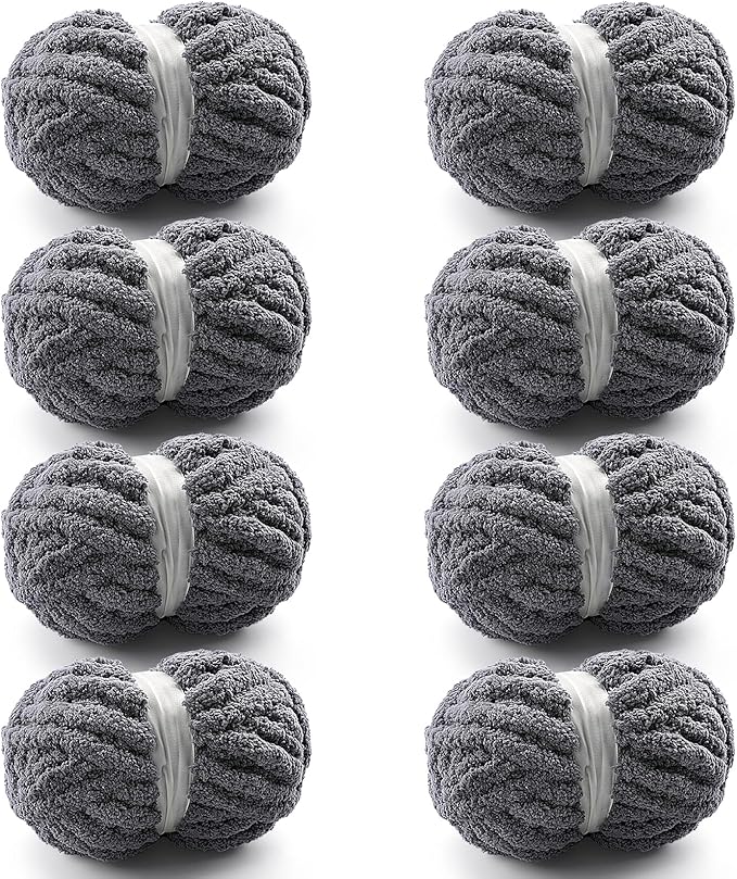 8 Pcs Chunky Yarn for Hand Knitting - Chunky Chenille Yarn for Crocheting - Fluffy Yarn for Crochet - Jumbo Yarn for Hand Knitting 25 yds 7.7 oz of Super Bulky Yarn (Dark Gray)