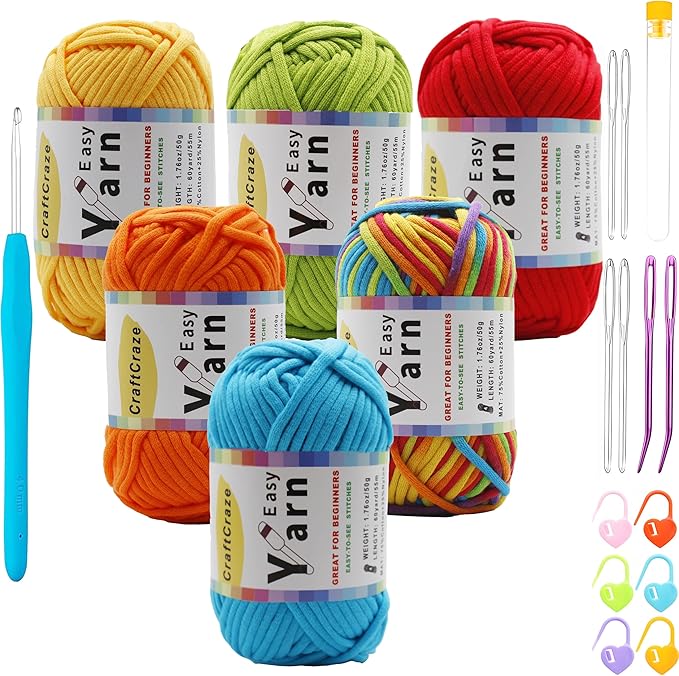 Beginner Easy Yarn Kit for Knitting,Crocheting; Worsted Weight Medium #4; Cotton Blend Yarn for Amigurumi with Tools (Urban Neon, 6 Skein)