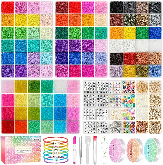 2mm Tiny Glass Seed Beads for Bracelets, 96 Colors 60000pcs Small Glass Beads Waist Beads Craft for Friendship Bracelets with Charms String Cords Tweezers Letter Bead Crafts Kits Jewelry Making Kit