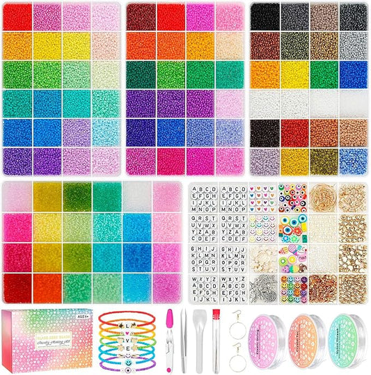 2mm Tiny Glass Seed Beads for Bracelets, 96 Colors 60000pcs Small Glass Beads Waist Beads Craft for Friendship Bracelets with Charms String Cords Tweezers Letter Bead Crafts Kits Jewelry Making Kit