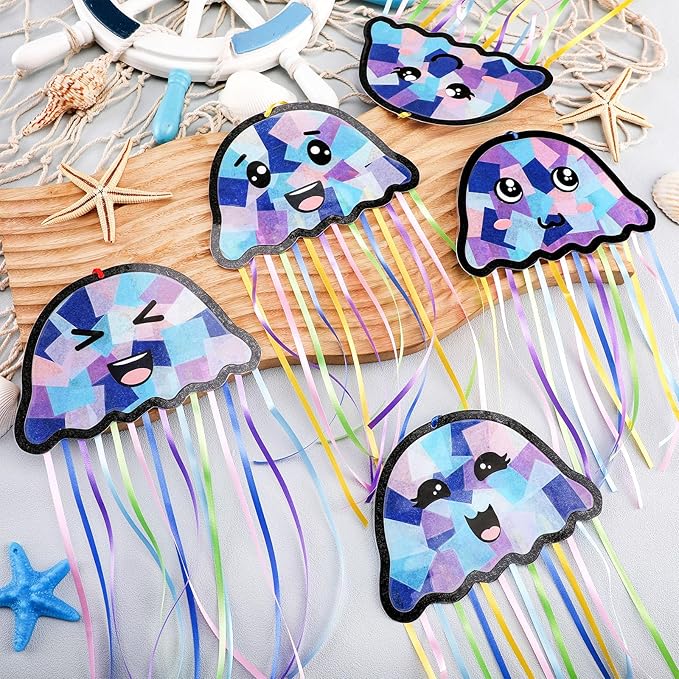 Yaomiao 30 Set Jellyfish Suncatchers Paper Crafts Summer Kit DIY Jellyfish Shaped Stained Glass Effect Tissue Paper Hanging Suncatchers for Ocean Mermaid Under The Sea Birthday Party Favor