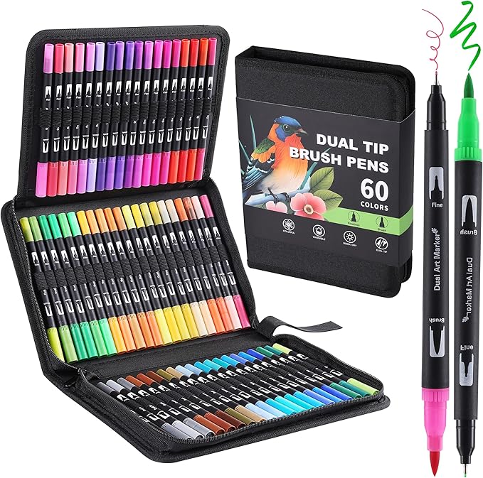 60 Colors Brush & Fine Dual Tip Watercolor Markers for Adult Coloring Books No Bleeding Professional Paint Pens For Drawing Note taking Planner Calligraphy Journaling Card Making Art Supplies