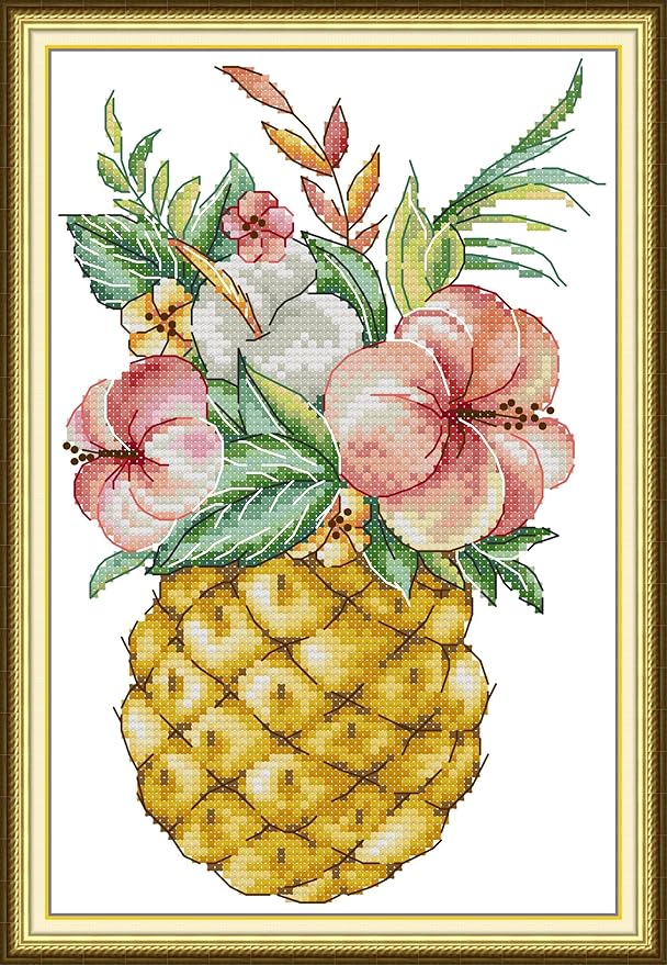 CaptainCrafts New Cross Stitch Kits Embroidery Kit Full Range Pre-Printed and Counted Fabrics Kits for Adults Beginners Home Decor (White Cloth Unpreprint 14CT, Pineapple Flowers)