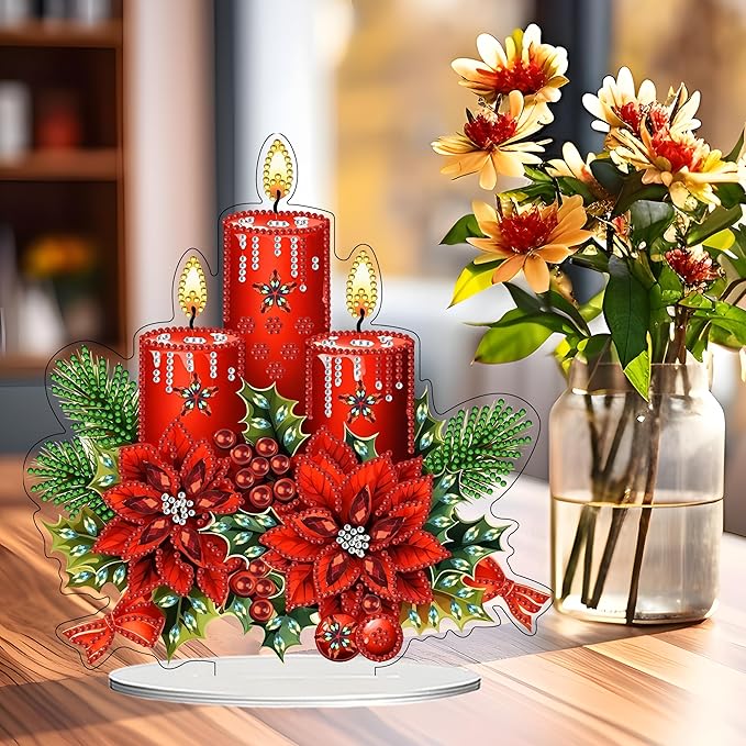 JJFox DIY Tabletop Diamond Art Painting Kit，Double Sided Desktop Ornament Special Shaped Rhinestone Desk Placement Ornament，Home Stand Up Gem Painting Craft Kit，Gift (Christmas Candle)