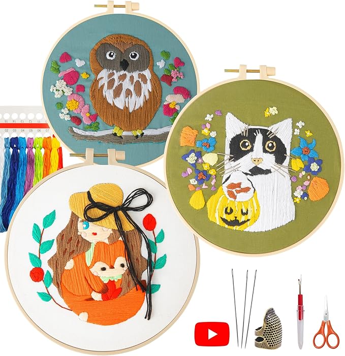 3 pack embroidery kit for beginners adults, adult starter cross stitch kit needlepoint complete diy kit with unique patterns, hoop, colorful threads, tools, step by step instructions & video tutorial
