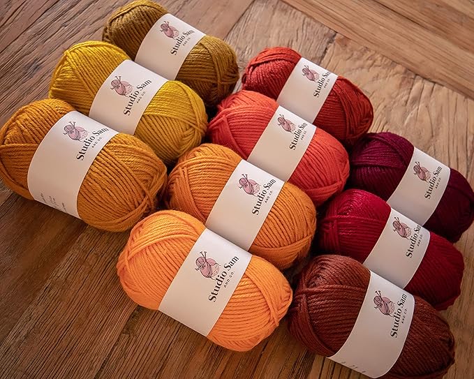 Studio Sam Acrylic Yarn Set. Ten Large 50g Skeins. Total 1030 Yards. for All Knitting, Crochet and Craft Projects. Orange and Brown (Autumn Collection)