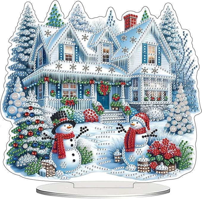 JJFox DIY Tabletop Diamond Art Painting Kit，Desktop Ornament Special Shaped Rhinestone Desk Placement Ornament，Home Stand Up Gem Painting Craft Kit Gift Double Sided (Christmas House)