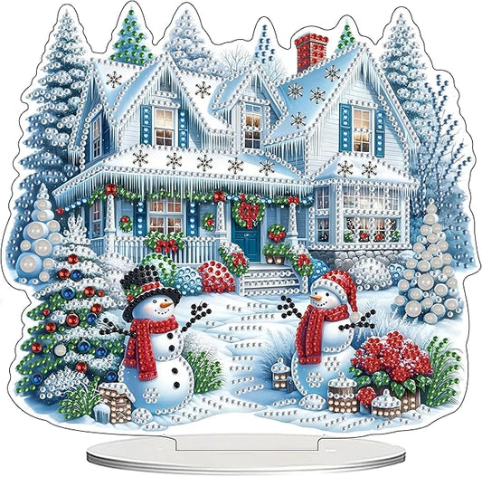 JJFox DIY Tabletop Diamond Art Painting Kit，Desktop Ornament Special Shaped Rhinestone Desk Placement Ornament，Home Stand Up Gem Painting Craft Kit Gift Double Sided (Christmas House)