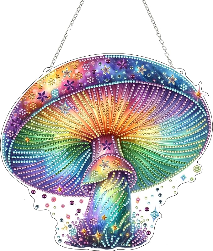 JJFox Diamond Art Hanging Kit for Adult,Special Shaped Rhinestone,DIY Acrylic 5D Diamond Art Painting Window Pendants Home Garden Wall Hanging Kits Hanging Ornament (Rainbow Mushroom)