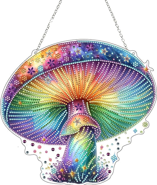 JJFox Diamond Art Hanging Kit for Adult,Special Shaped Rhinestone,DIY Acrylic 5D Diamond Art Painting Window Pendants Home Garden Wall Hanging Kits Hanging Ornament (Rainbow Mushroom)