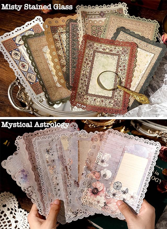 60 Sheets Lace Edged Scrapbook Stationery Paper Assorted Set - 6 Pack Vintage Paper for Letter Writing Scrapbooking Embellishments Planner Bullet Junk Journal Supplies Collage Background 4.9x6.9 Inch