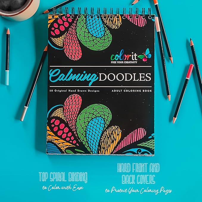 Calming Doodles Adult Coloring Book - Features 50 Original Hand Drawn Anti-Stress Zentangle Designs Printed on Artist Quality Paper with Hardback Covers, Top Spiral Binding, Perforated Pages, and Bonus Blotter by ColorIt