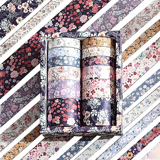 12 Rolls Floral Washi Tape Set - 0.4/0.6/0.8/1.2in Numerous Flowers Design Decorative Tapes for Journaling Scrapbooking Writable Vintage Scrapbook Supplies Letter Gift Craft Tape(Colorful2)