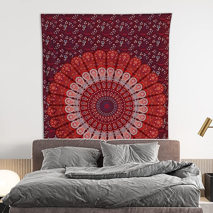 bless international handmade indian hippie bohemian psychedelic peacock mandala wall hanging college dorm beach throws table cloth bedding tapestry (blue red, twin(54x72inches)(140x185cms))