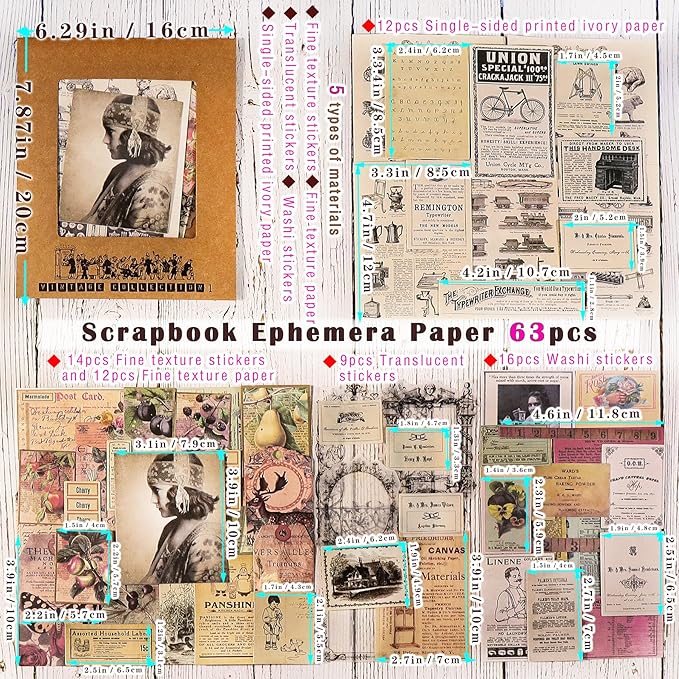 CATaireen Vintage Junk-Journal Mixed Paper Scrapbooking Embellishments Set Retro Journaling Decoupage Stickers Textured Packaging Decorative Cards Tags Kit (Old Photos 1)