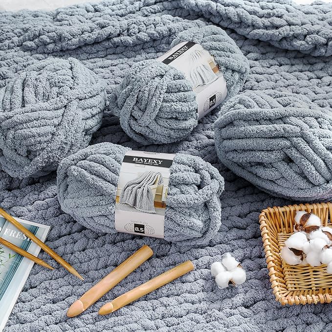Chunky Chenille Yarn for Hand Knitting 8 Jumbo Pack Jumbo Chunky Yarn for Hand Soft Blanket Knitting, Bulky Thick Fluffy Yarn for Crocheting (Medium Gray)