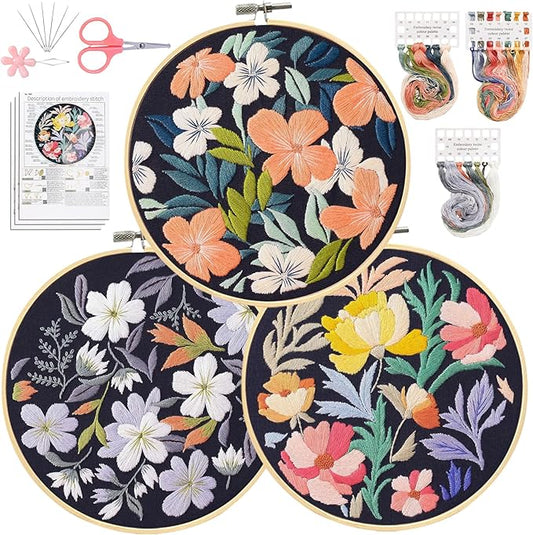 Santune 3 Pack Embroidery Kit for Beginners, Needlepoint Cross Stitch Kits for Adults,Needle Point Sets with Stamped Petal Pattern Stitch Video Tutorial