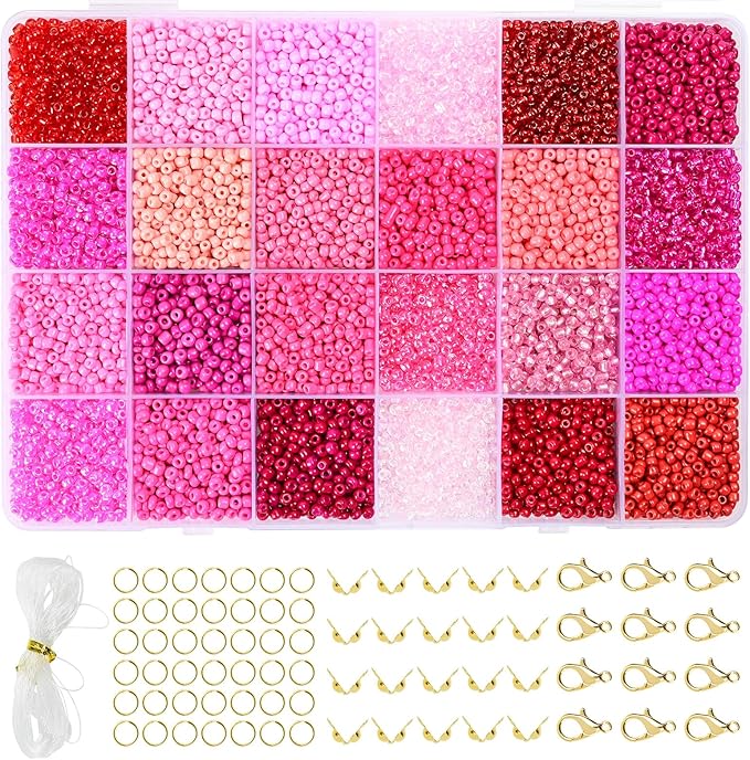 Vtssvow 3mm Glass Seed Beads for Bracelets Making, 24 Colors 10000pcs Friendship Bracelet Making Kit, Small Glass Beads for Jewelry Making (Mix 24 Color, Red and Pink)