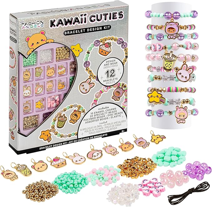 Fashion Angels Kawaii Cuties Bracelet Design Kit, Includes 10 Enamel Charms, Assorted Beads & Elastic String, Trendy DIY Jewelry Kit for Kids, Girls & Boys
