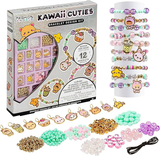Fashion Angels Kawaii Cuties Bracelet Design Kit, Includes 10 Enamel Charms, Assorted Beads & Elastic String, Trendy DIY Jewelry Kit for Kids, Girls & Boys