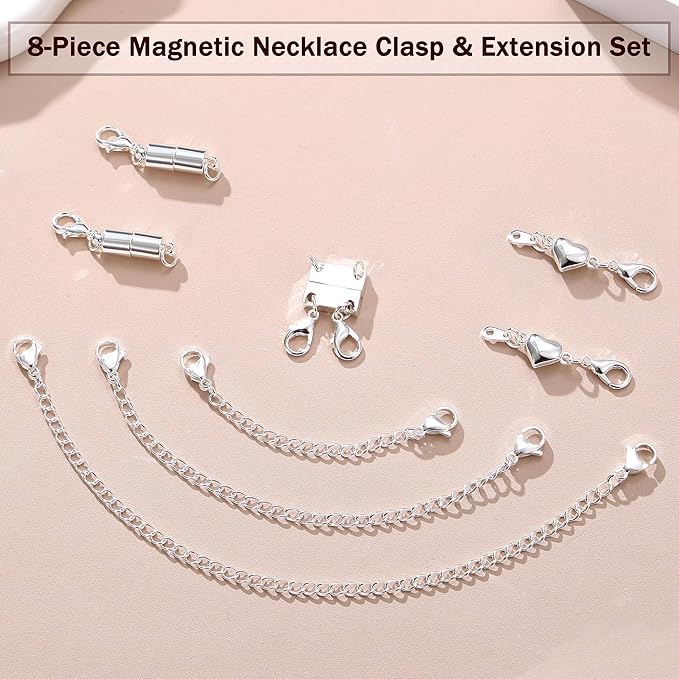 KRFY Extra Strong Magnetic Necklace Clasps and Closures, Necklaces Separator for Layering Stacks, Necklace Chain Extenders for Women, Magnet Detangler Clasp Jewelry Bracelet 8Pcs Silver Color