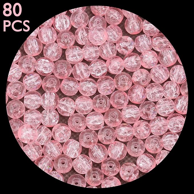 80PCs 10mm Pink Crackle Glass Beads Bulk, Round Smooth Hole Glass Crystal Beads for Jewelry Making, DIY Bracelets, Necklaces, Bag Charms, Keychains and Craft Projects