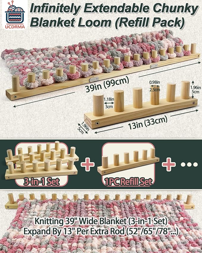 Chunky Blanket Loom Knitting Set, 1PCS Refill Chunky Yarn Blanket Knit Loom with Anti-Slip Pads, 13in/33cm Wooden Loom for Chunky Blanket, Chunky Knit Blanket Crochet Loom for Beginners
