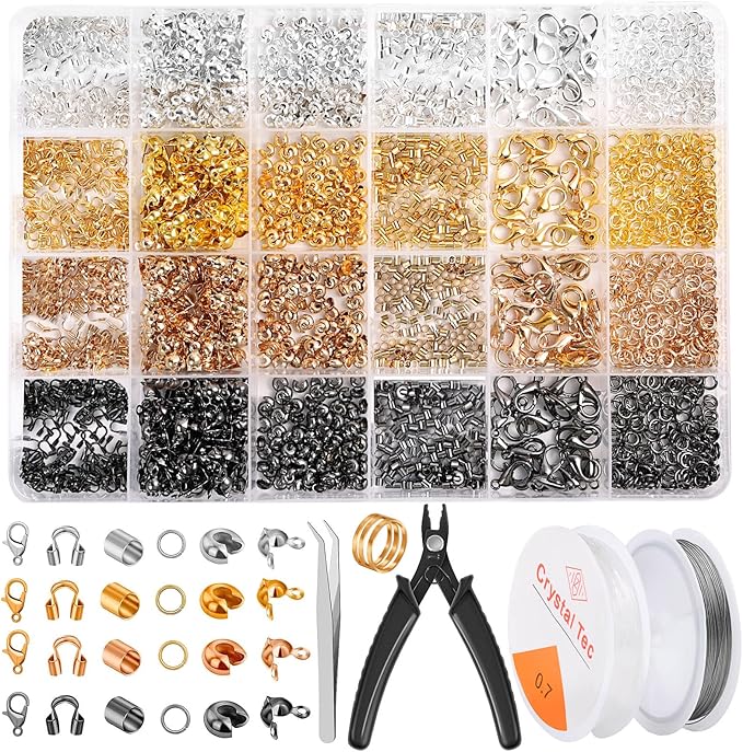 Acejoz 2160 Pieces Crimp Beads Kit for Jewelry Making, Incliding Knot Covers, Crimp Bead Covers, Crimp Tubes, Jump Rings,Wire Guardians, Crimping Pliers, Elastic String for Bracelets Necklaces Making