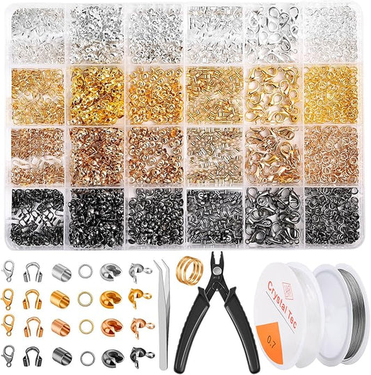Acejoz 2160 Pieces Crimp Beads Kit for Jewelry Making, Incliding Knot Covers, Crimp Bead Covers, Crimp Tubes, Jump Rings,Wire Guardians, Crimping Pliers, Elastic String for Bracelets Necklaces Making