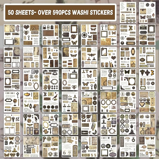 Pre-Cut Vintage Sticker for Journaling, 595PCS - 50 Sheets Washi Brown Scrapbooking Stickers, Ephemera for Junk Journal Supplies DIY Crafts Dark Academia Stickers for Adults