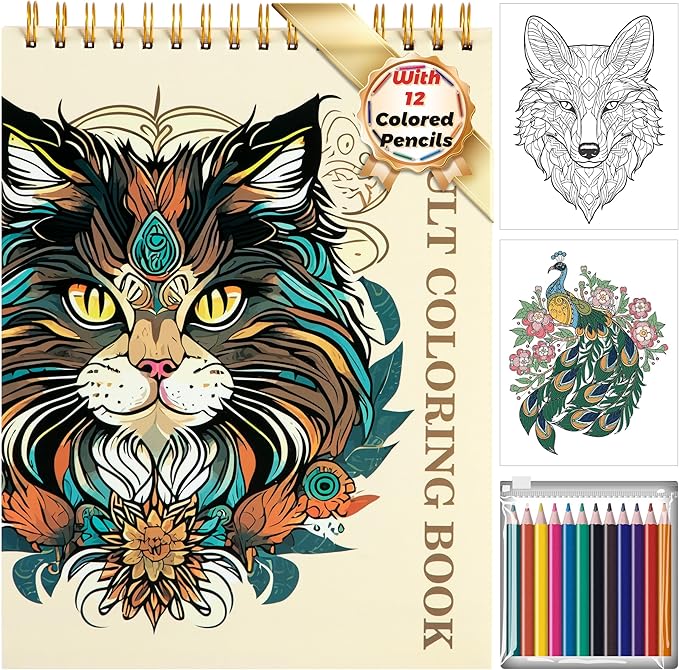 Animal Coloring Book for Adults 41 Unique Single Sided Patterns and 9 Blank Pages with 12 Colored Pencils Set 130GSM Thick Paper Stress Relief & Mindfulness Gift for Women Men, 8.5 X 11in