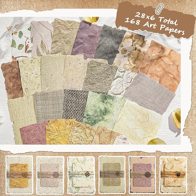 168 Pcs Textured Vintage Scrapbook Paper, 6 Themes Scrapbook Journaling Supplies, Embossed Designs Scrapbooking Kit Decorative Paper for Junk Journals, Card Making, Collage Art, Retro Crafts
