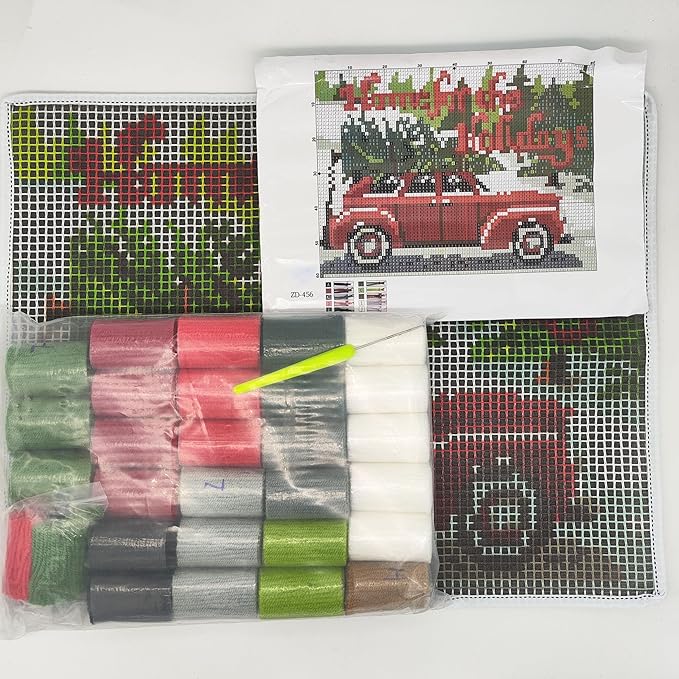 Howie's Latch Hook Kits for Adults, DIY Christmas Latch Hook Kit Rug Crochet Yarn, Color Preprinted Pattern Embroidery Decoration(Christmas Tree in The Car, 19.69 x 14.96 inch)